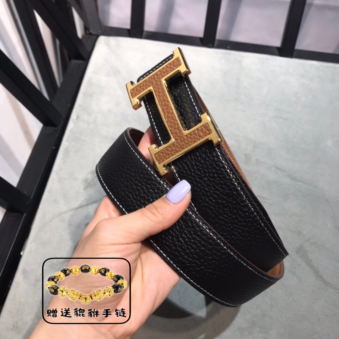 Premium Men's Reversible Leather Belt Gold H Buckle Classic Style