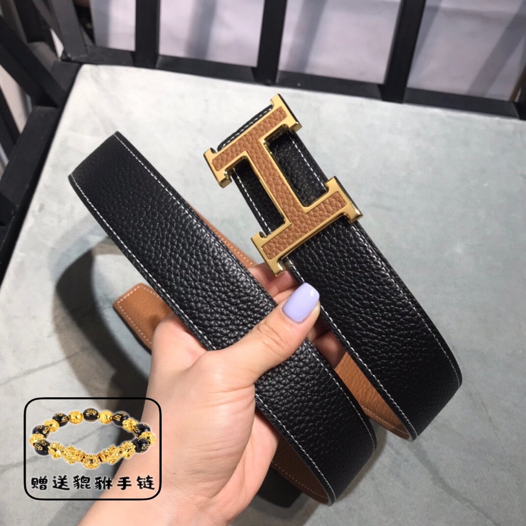 Premium Men's Reversible Leather Belt Gold H Buckle Classic Style
