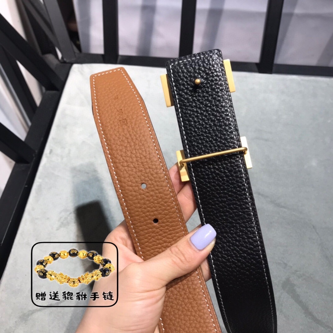 Premium Men's Reversible Leather Belt Gold H Buckle Classic Style