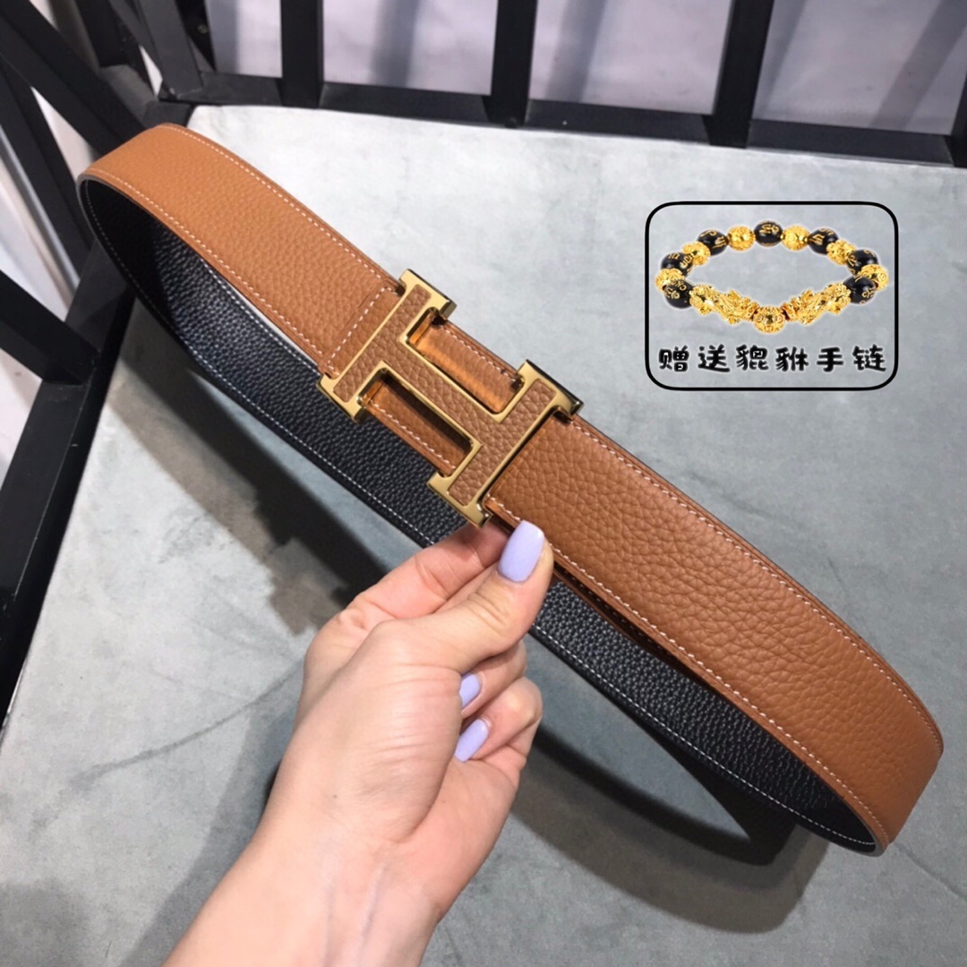 Premium Men's Reversible Leather Belt Gold H Buckle Classic Style