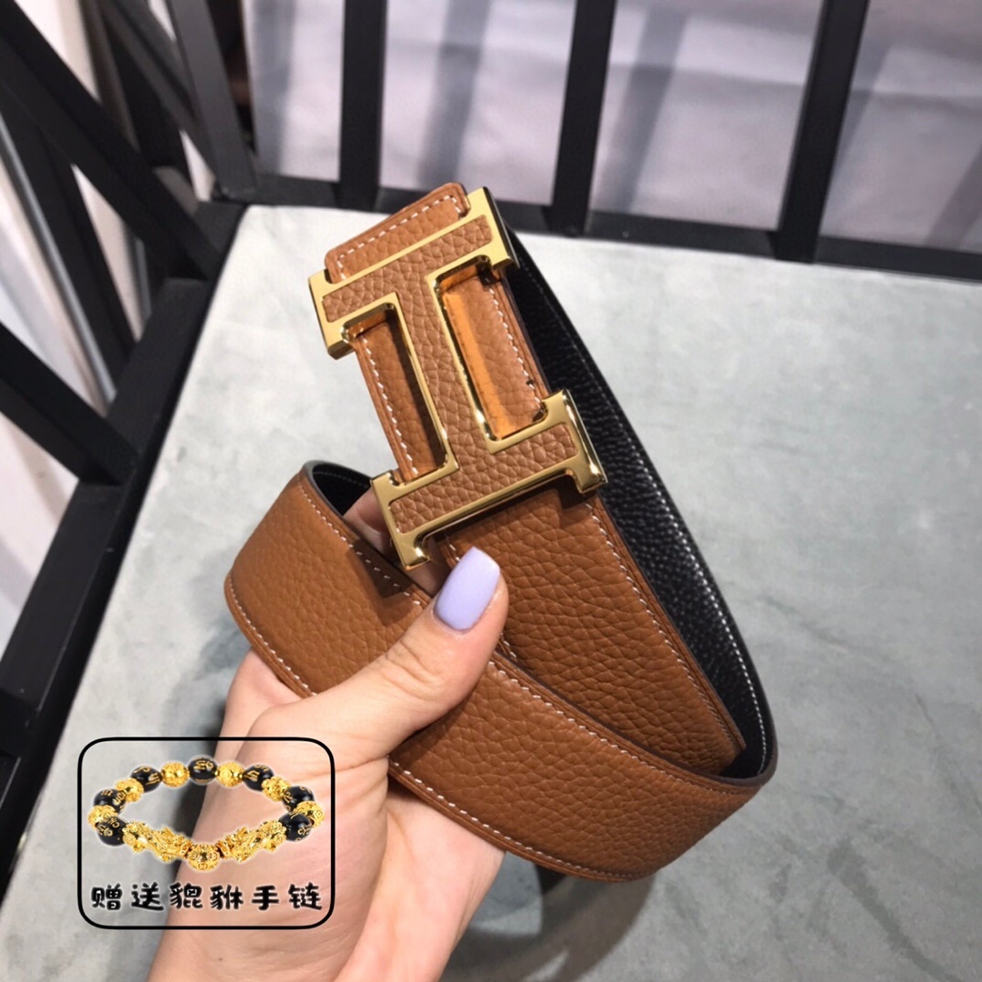 Premium Men's Reversible Leather Belt Gold H Buckle Classic Style