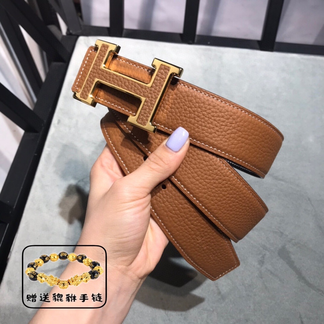 Premium Men's Reversible Leather Belt Gold H Buckle Classic Style