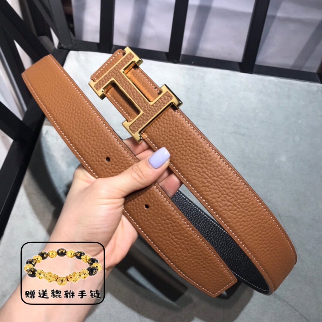 Premium Men’s Reversible Leather Belt Gold H Buckle Classic Style