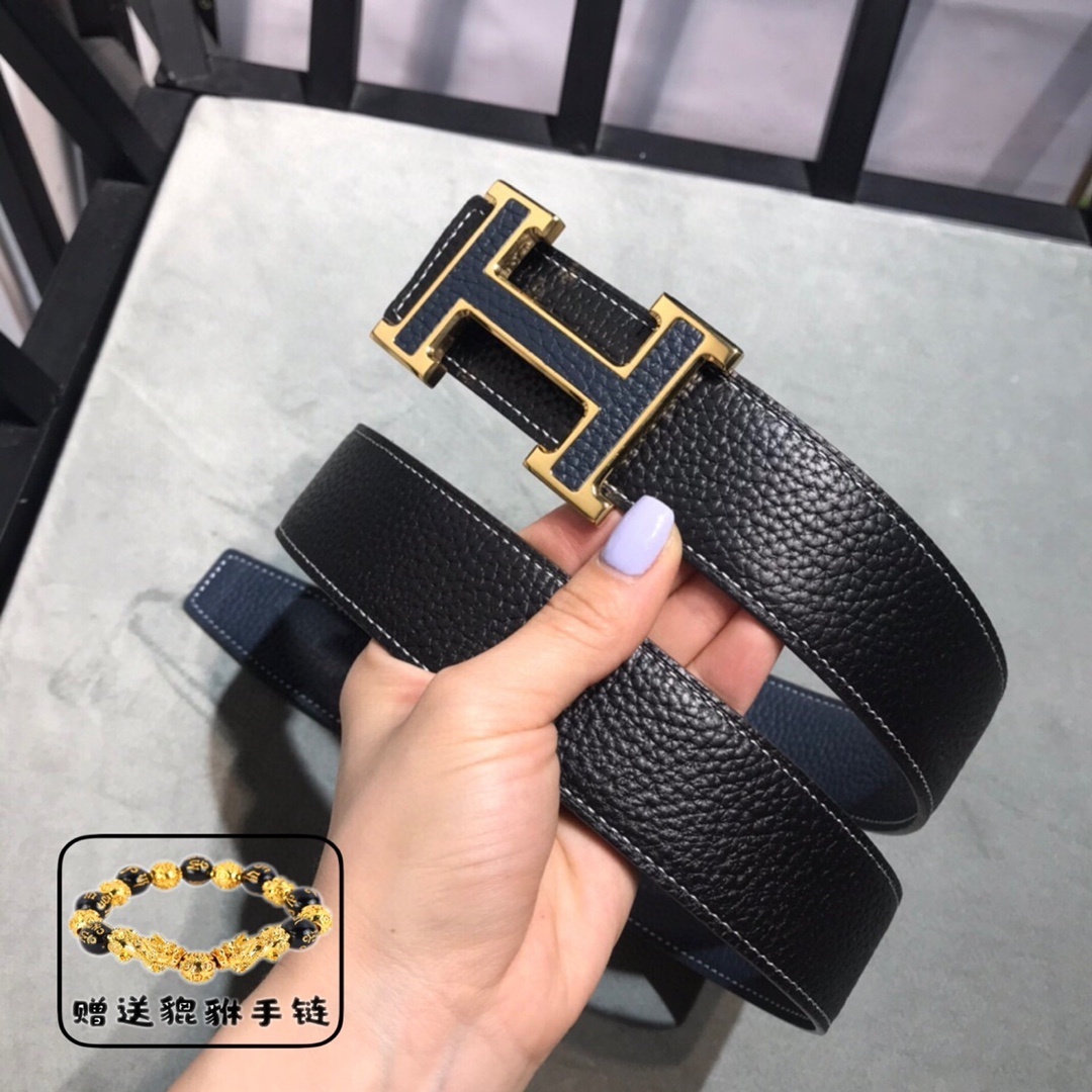 Navy Blue Leather Belt with Gold H Buckle & Free Pixiu Bracelet