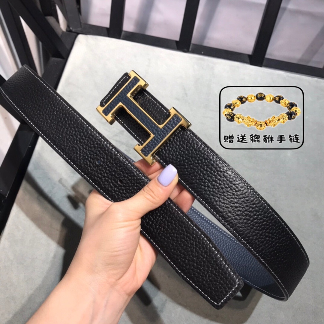 Navy Blue Leather Belt with Gold H Buckle & Free Pixiu Bracelet