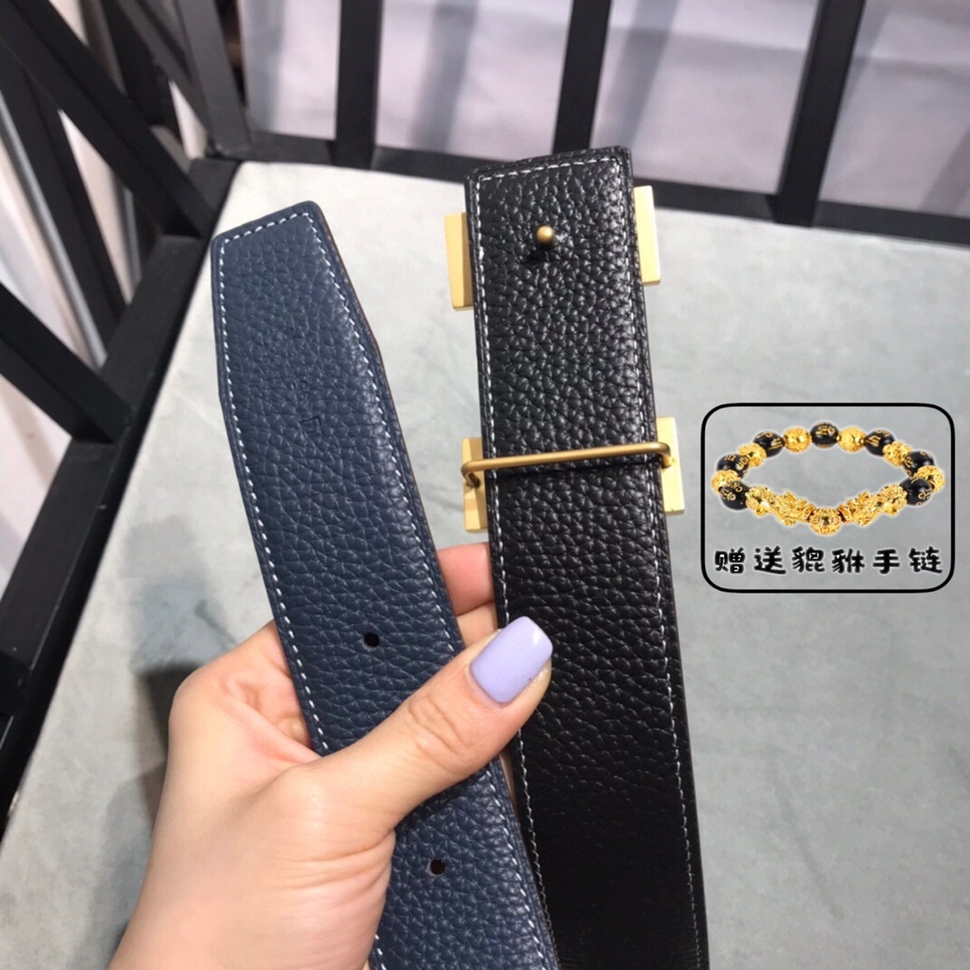 Navy Blue Leather Belt with Gold H Buckle & Free Pixiu Bracelet