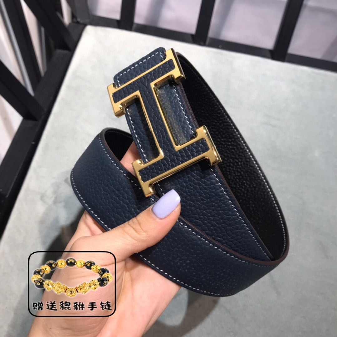 Navy Blue Leather Belt with Gold H Buckle & Free Pixiu Bracelet