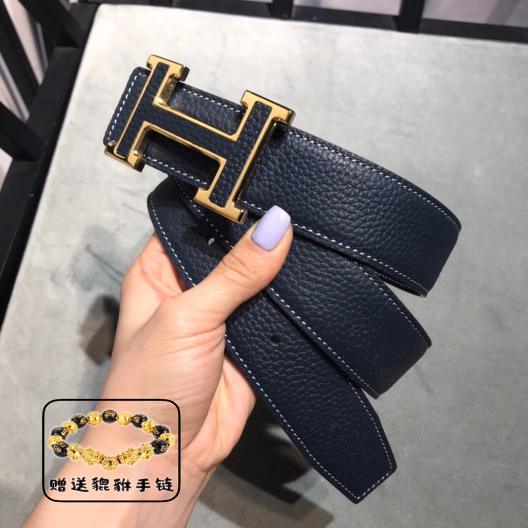 Navy Blue Leather Belt with Gold H Buckle & Free Pixiu Bracelet