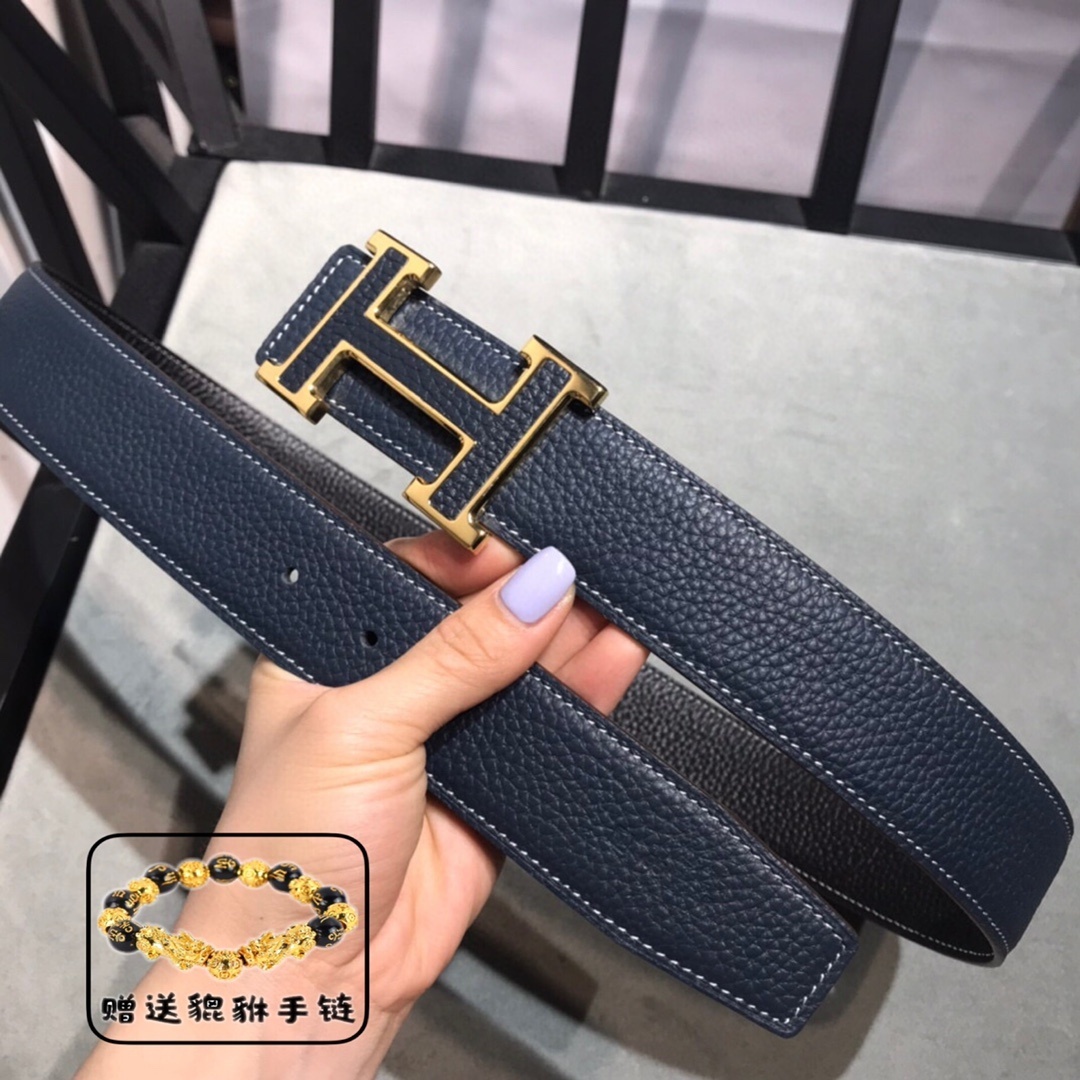 Navy Blue Leather Belt with Gold H Buckle & Free Pixiu Bracelet