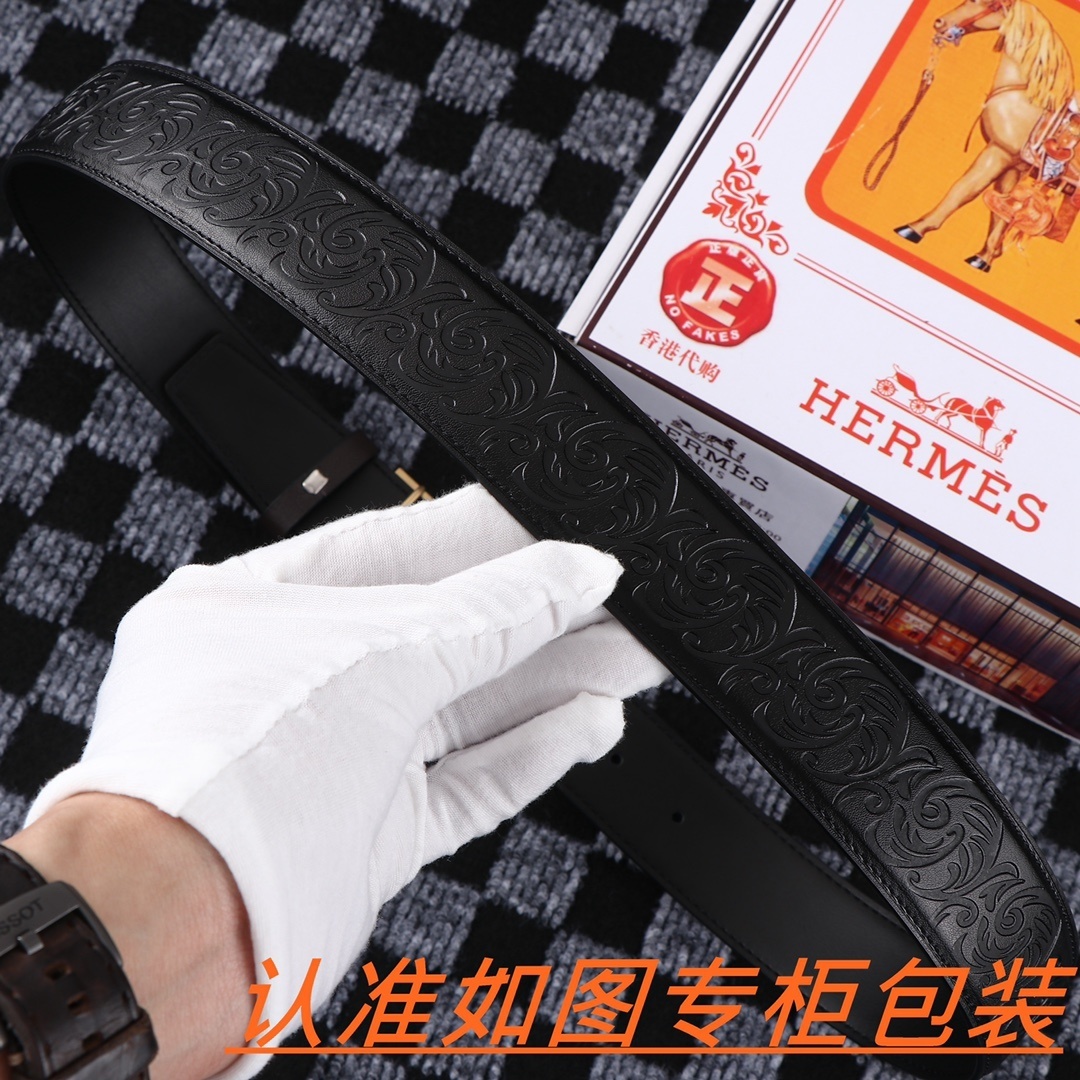 Hermes Men's Embossed Leather Belt - Gold H Buckle Signature