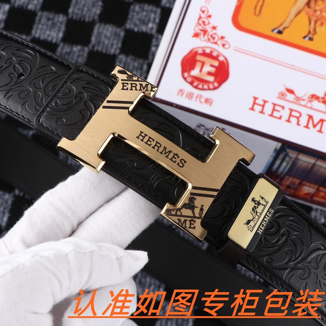 Hermes Men's Embossed Leather Belt - Gold H Buckle Signature