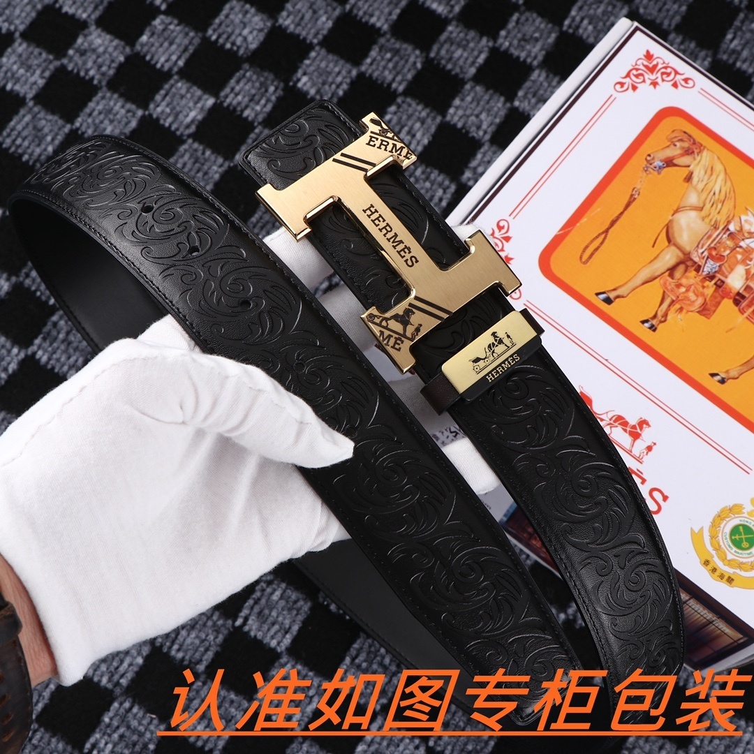 Hermes Men's Embossed Leather Belt - Gold H Buckle Signature