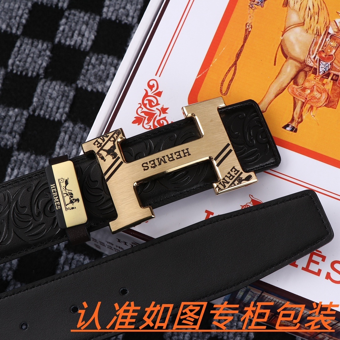 Hermes Men's Embossed Leather Belt - Gold H Buckle Signature