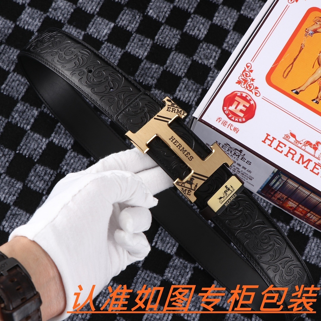Hermes Men's Embossed Leather Belt - Gold H Buckle Signature