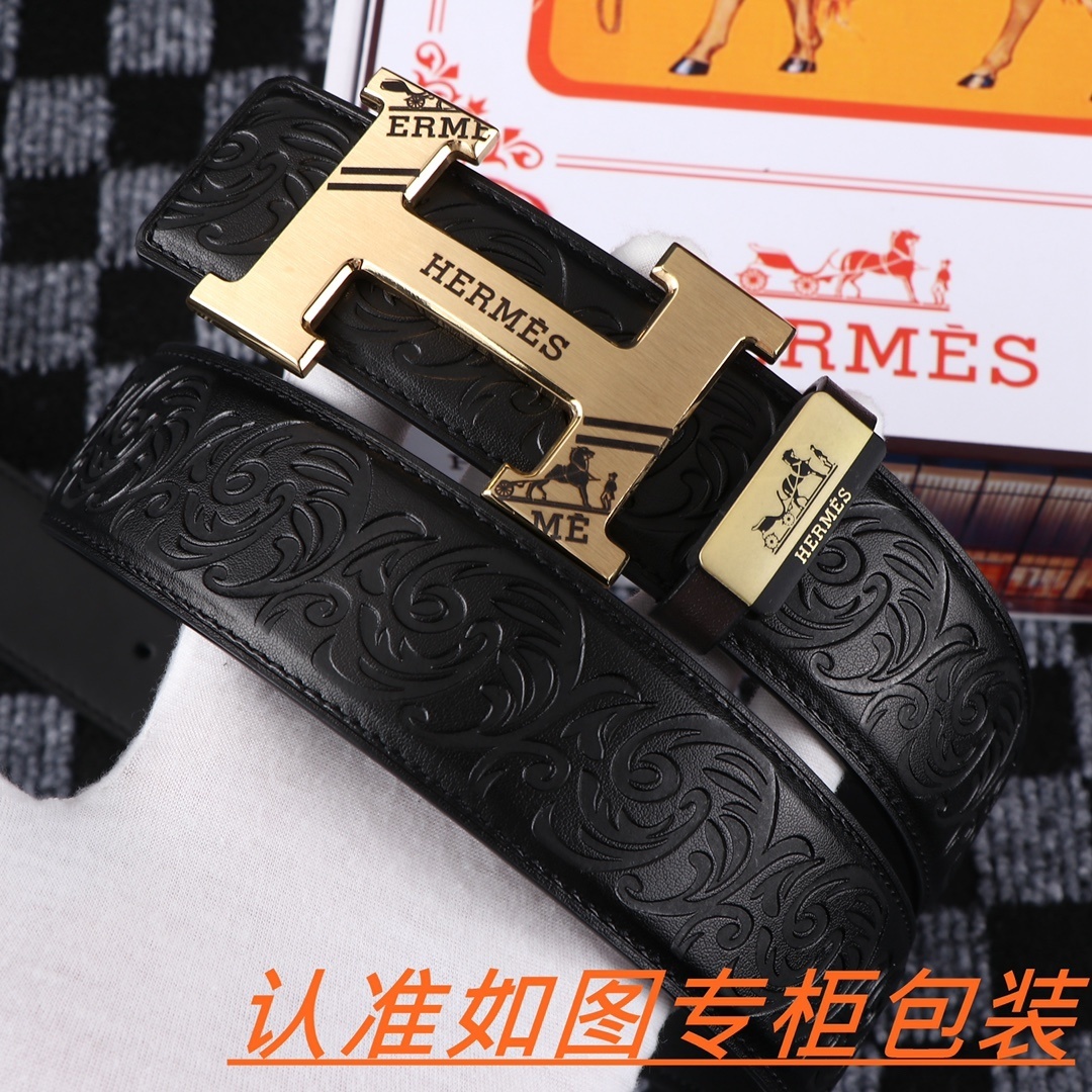 Hermes Men's Embossed Leather Belt - Gold H Buckle Signature