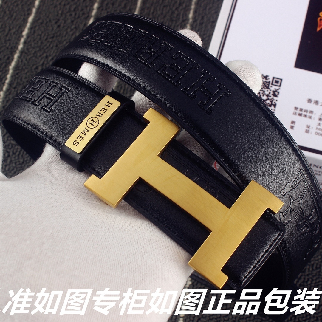 Luxury Men's Black Leather Belt with Gold H Interlocking Buckle