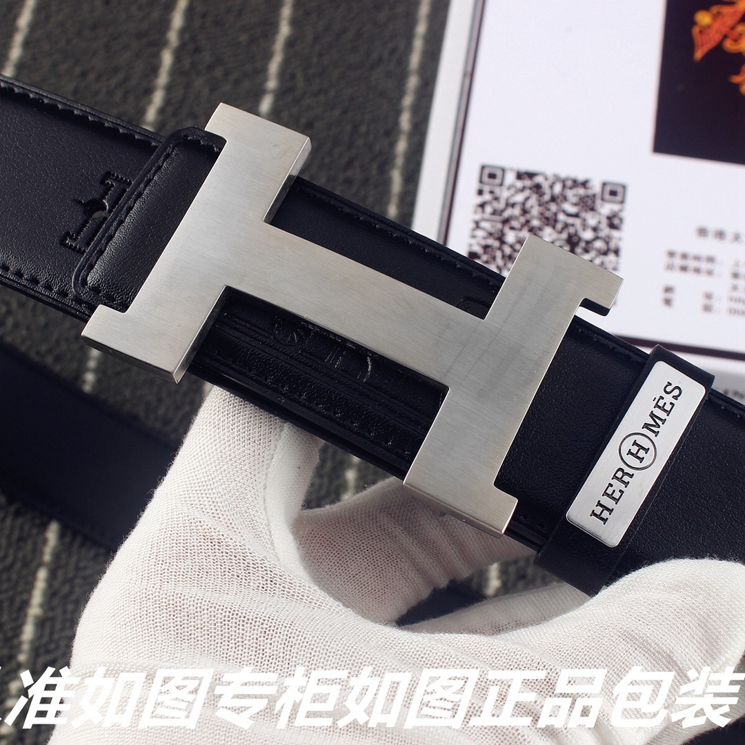 Hermès Men's Black Leather Belt with Silver H Interlocking Buckle