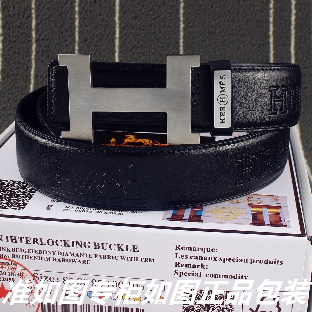 Hermès Men’s Black Leather Belt with Silver H Interlocking Buckle