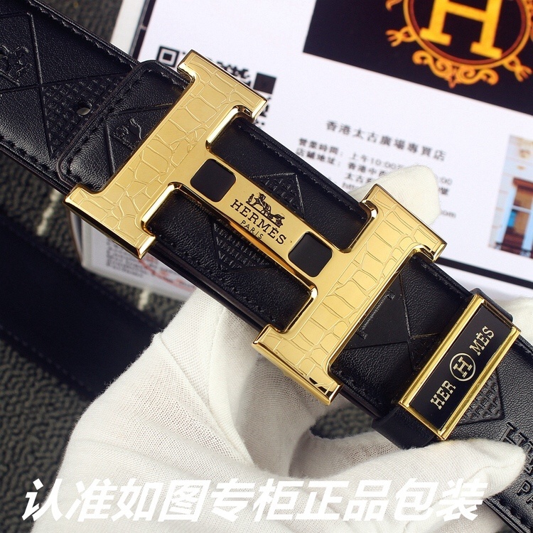 Hermès Men's Luxury Black Embossed Leather Belt with Gold H Buckle