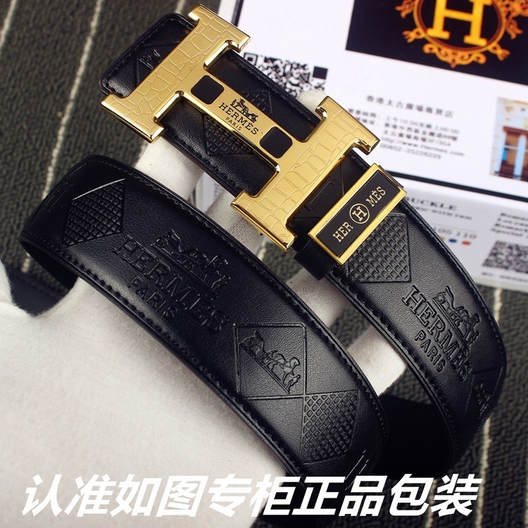 Hermès Men's Luxury Black Embossed Leather Belt with Gold H Buckle