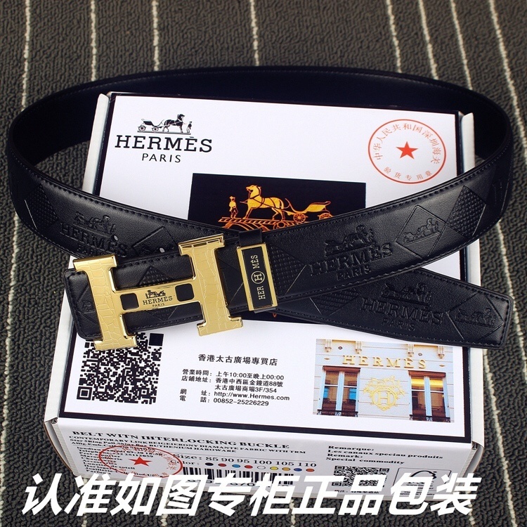 Hermès Men's Luxury Black Embossed Leather Belt with Gold H Buckle