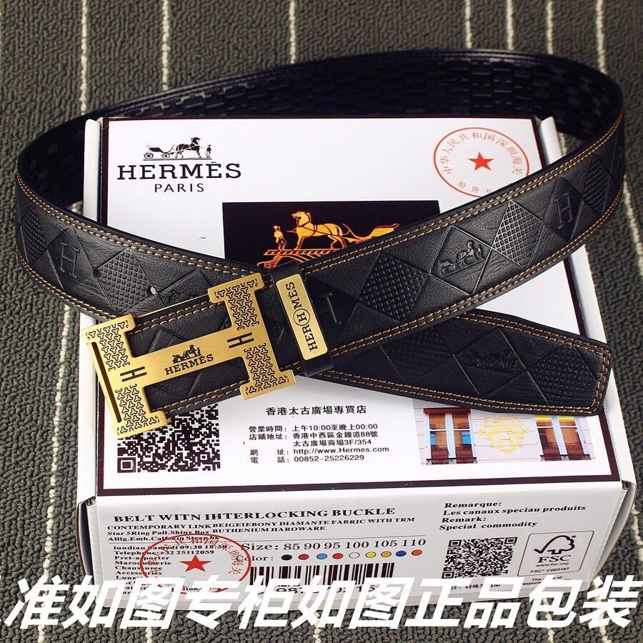 Luxury Hermes Black Leather Belt with Patterned Gold H Buckle