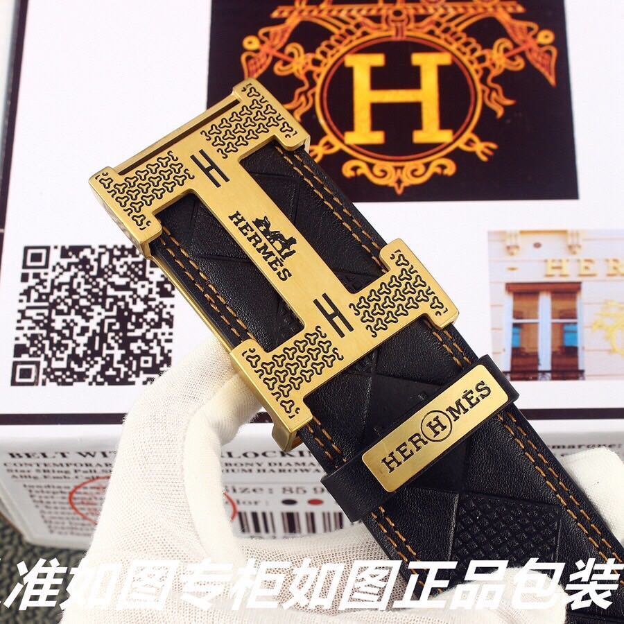 Luxury Hermes Black Leather Belt with Patterned Gold H Buckle
