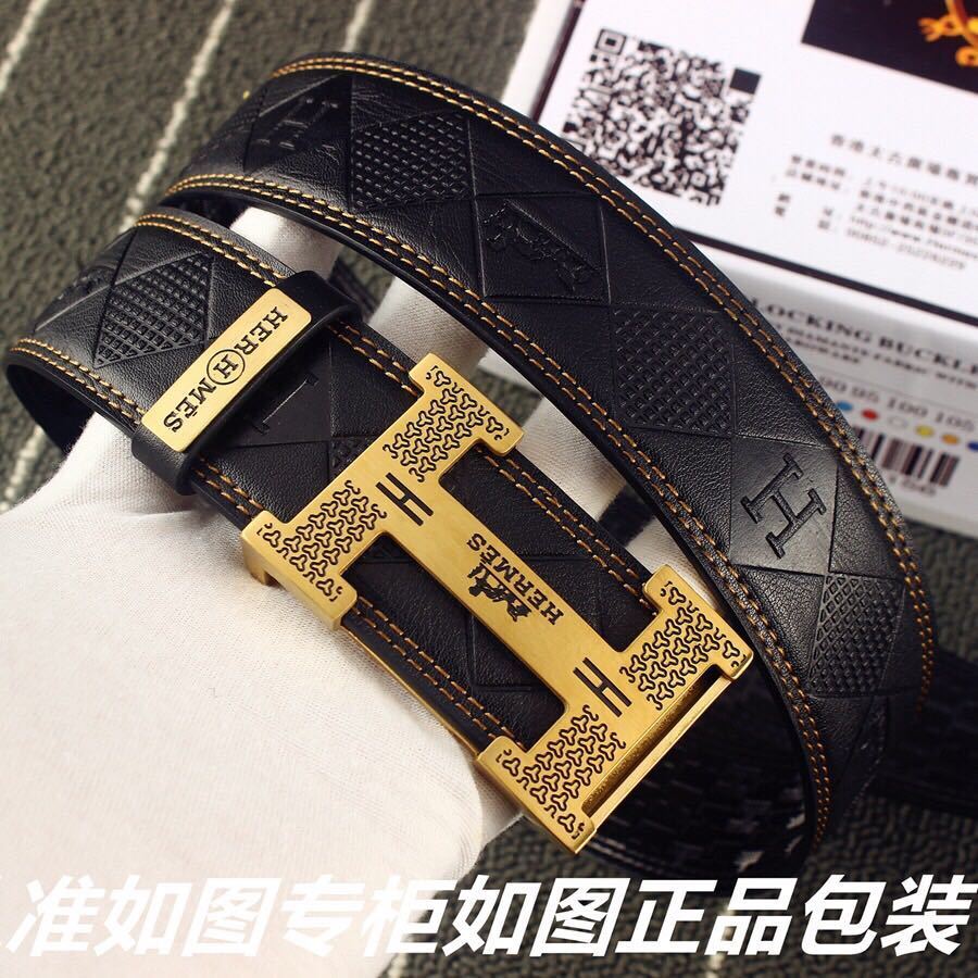 Luxury Hermes Black Leather Belt with Patterned Gold H Buckle