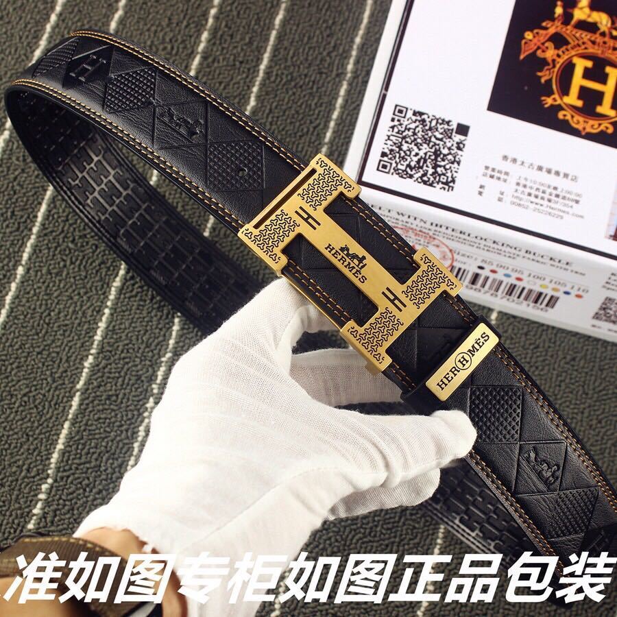 Luxury Hermes Black Leather Belt with Patterned Gold H Buckle