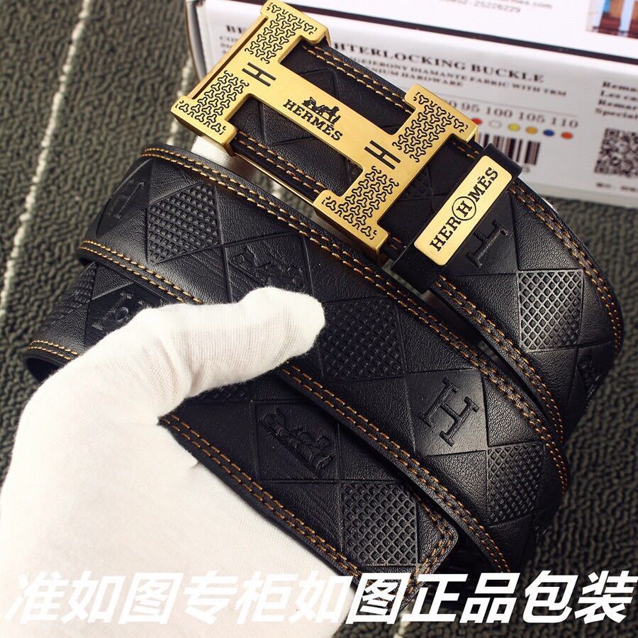 Luxury Hermes Black Leather Belt with Patterned Gold H Buckle