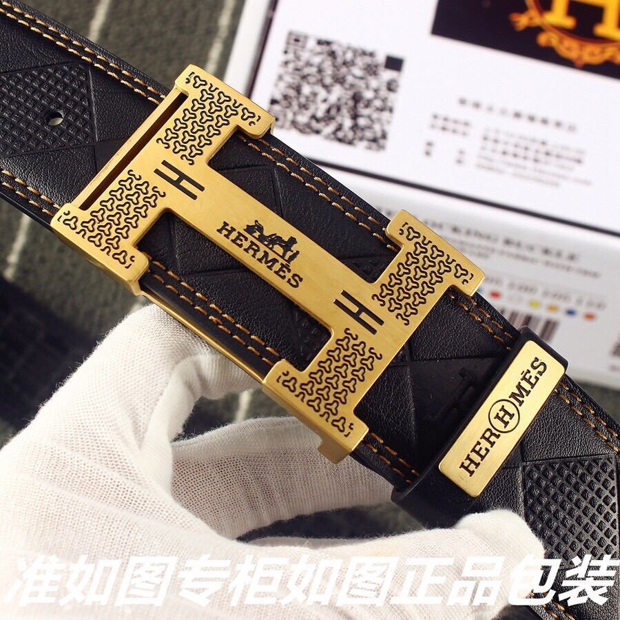 Luxury Hermes Black Leather Belt with Patterned Gold H Buckle