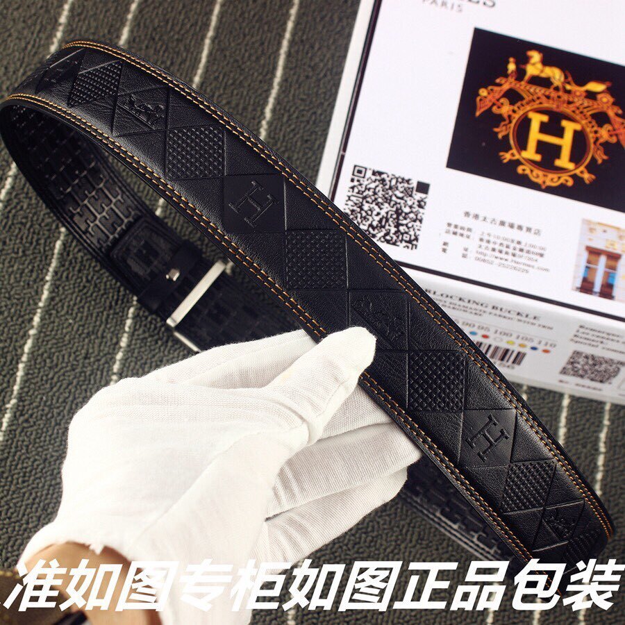 Hermes Luxury Men's Leather Belt with Silver Engraved H Buckle