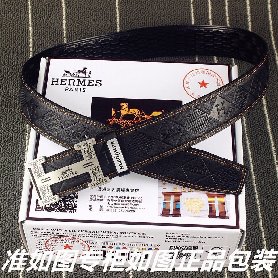 Hermes Luxury Men's Leather Belt with Silver Engraved H Buckle