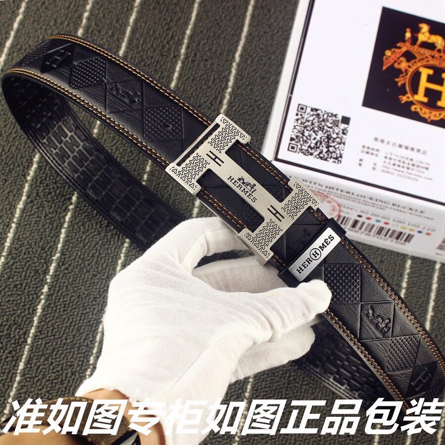 Hermes Luxury Men's Leather Belt with Silver Engraved H Buckle