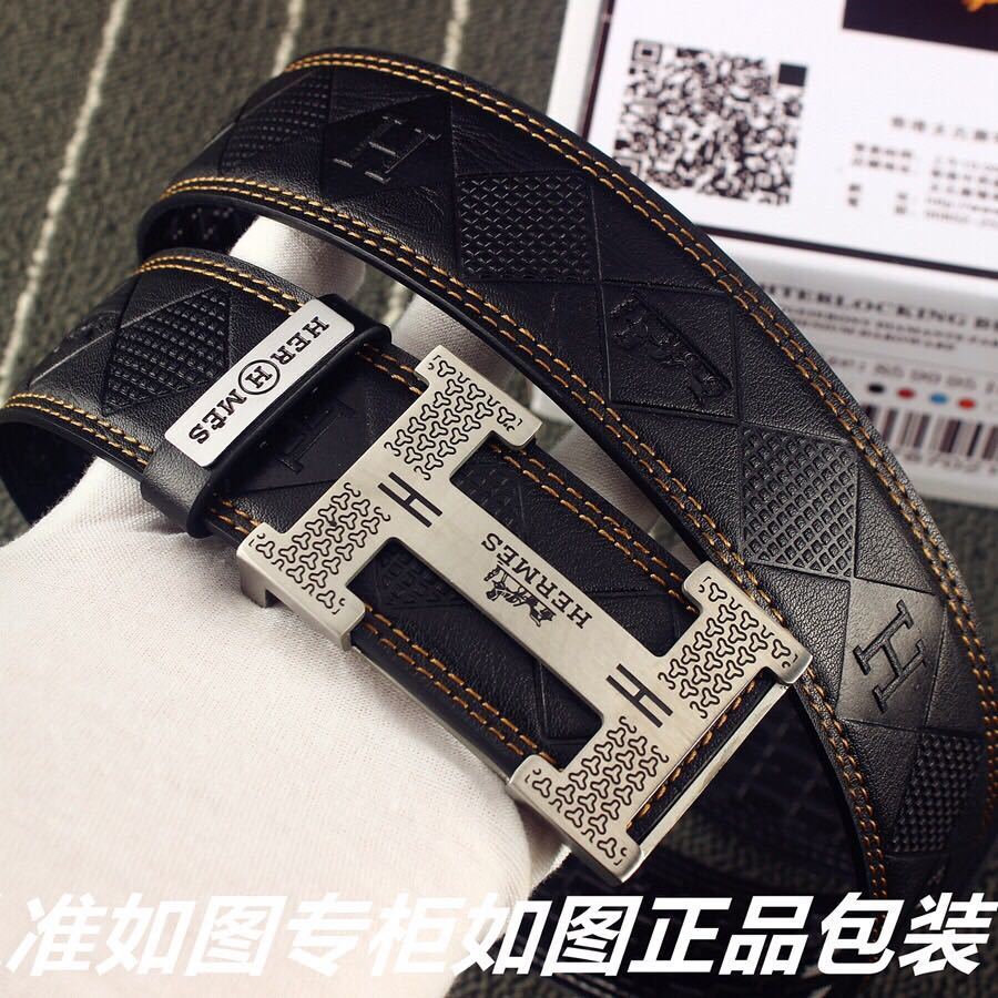 Hermes Luxury Men's Leather Belt with Silver Engraved H Buckle