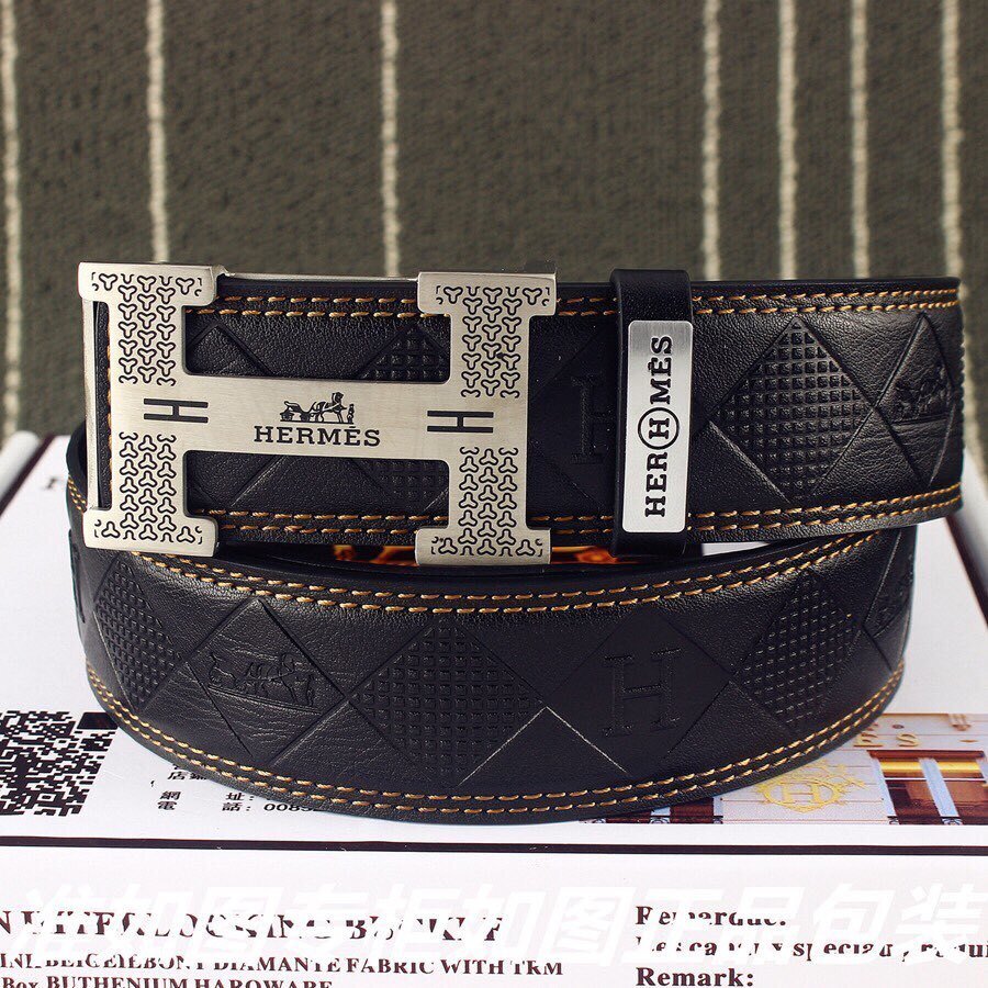 Hermes Luxury Men's Leather Belt with Silver Engraved H Buckle