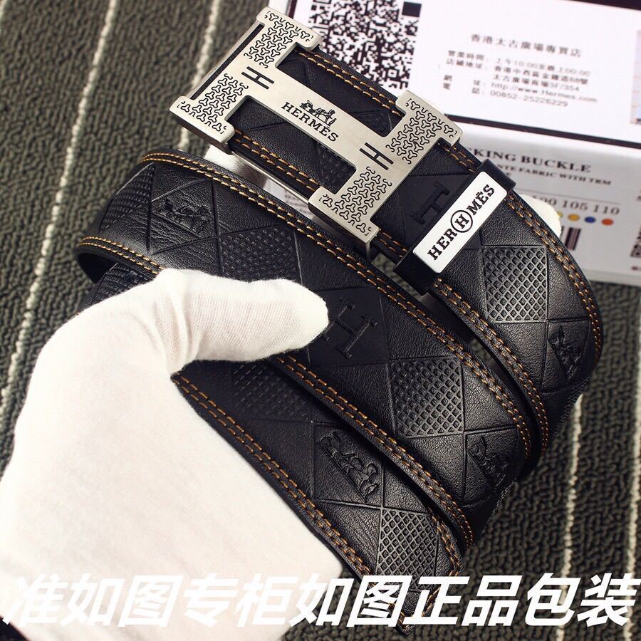 Hermes Luxury Men's Leather Belt with Silver Engraved H Buckle