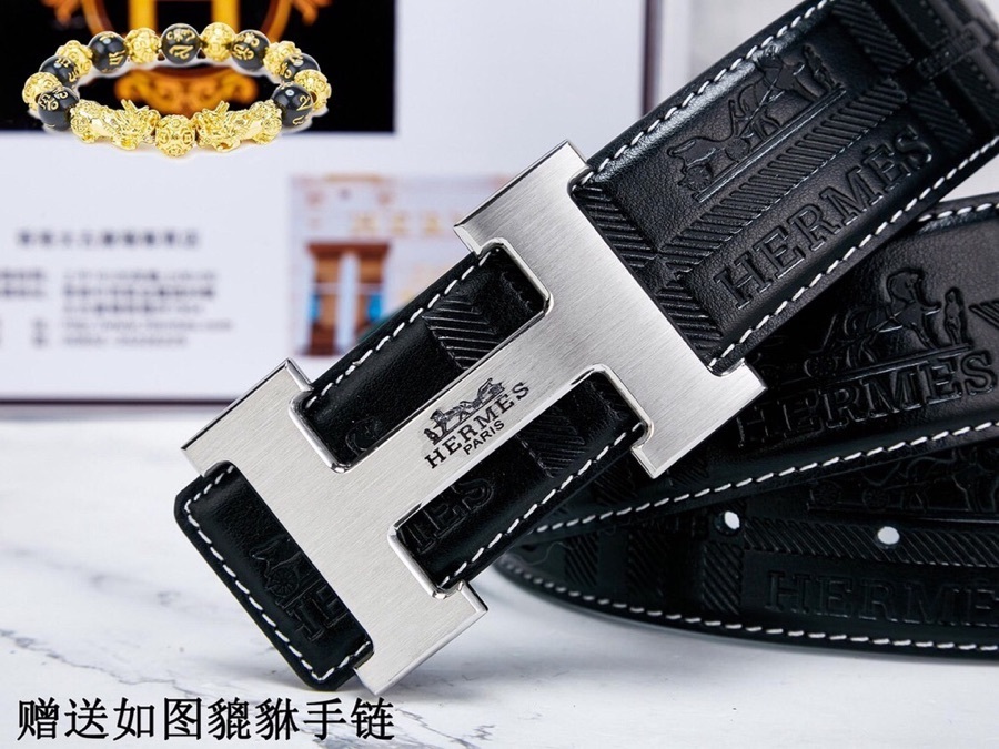 Luxury Men's H-Buckle Leather Belt with Free Pixiu Bracelet Gift