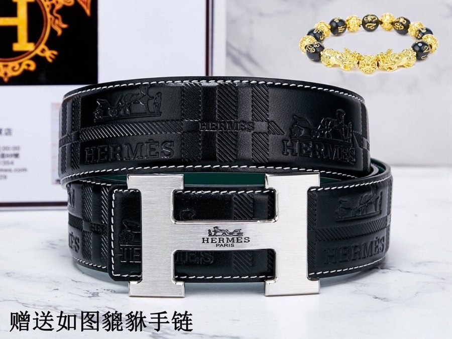 Luxury Men's H-Buckle Leather Belt with Free Pixiu Bracelet Gift