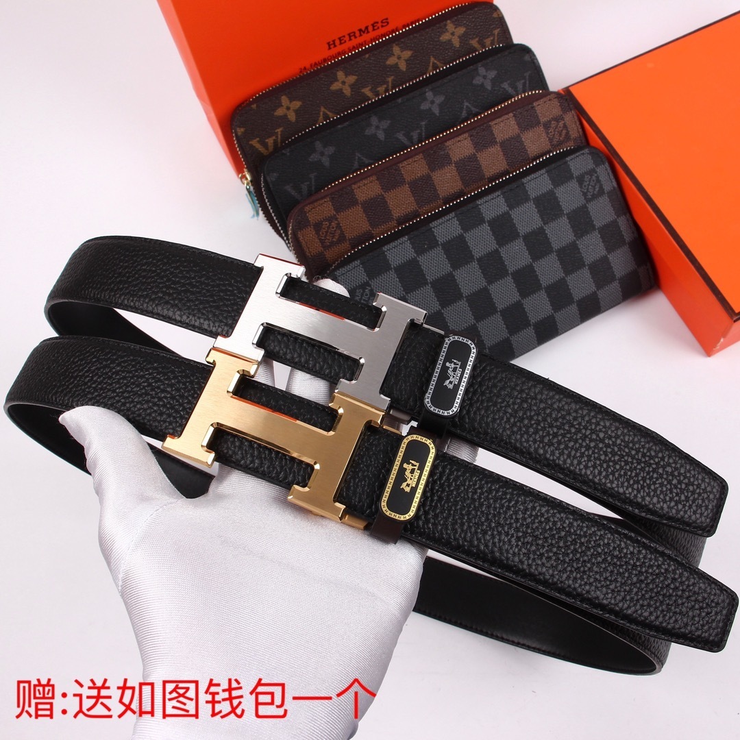 Luxury Men's Leather Belt with Silver H Buckle & Free Gift Wallet