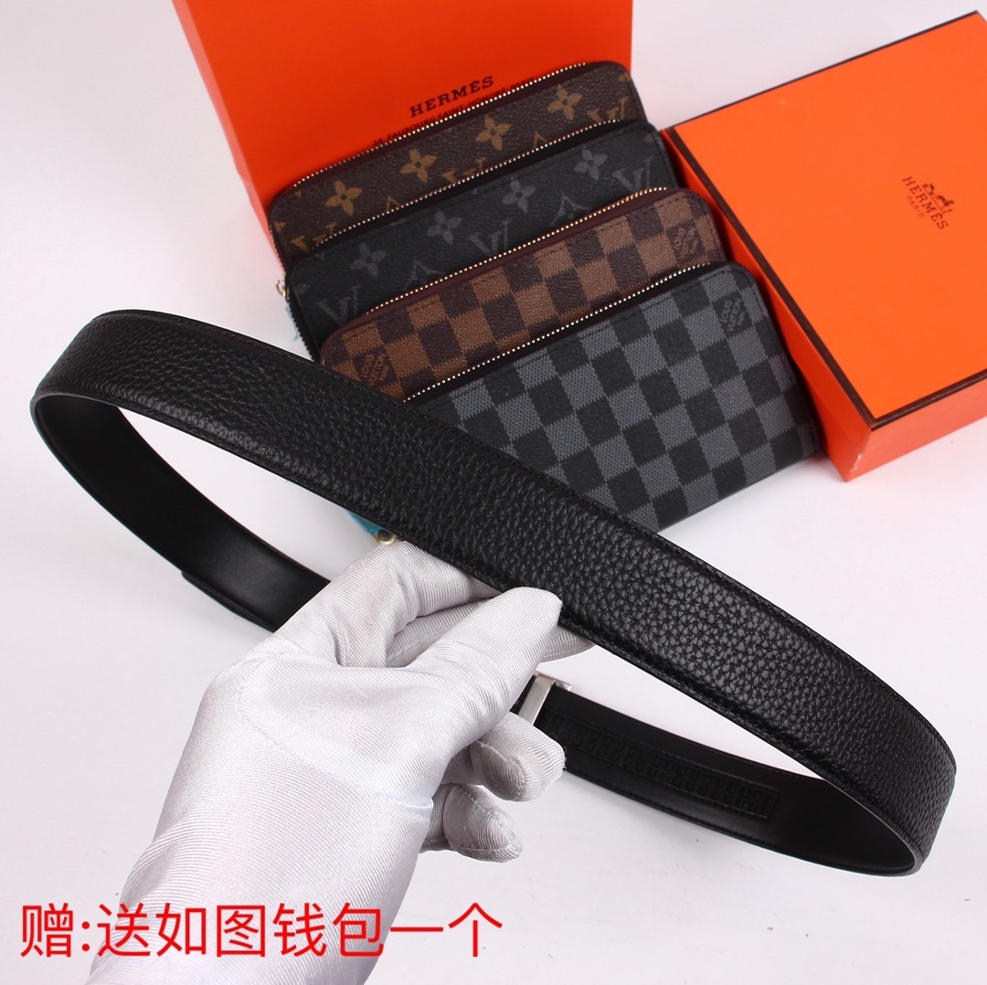 Luxury Men's Leather Belt with Silver H Buckle & Free Gift Wallet