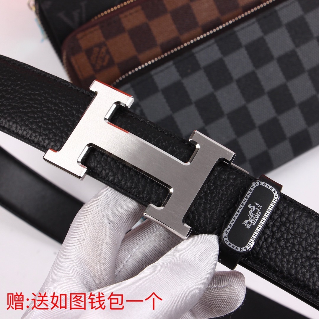 Luxury Men's Leather Belt with Silver H Buckle & Free Gift Wallet