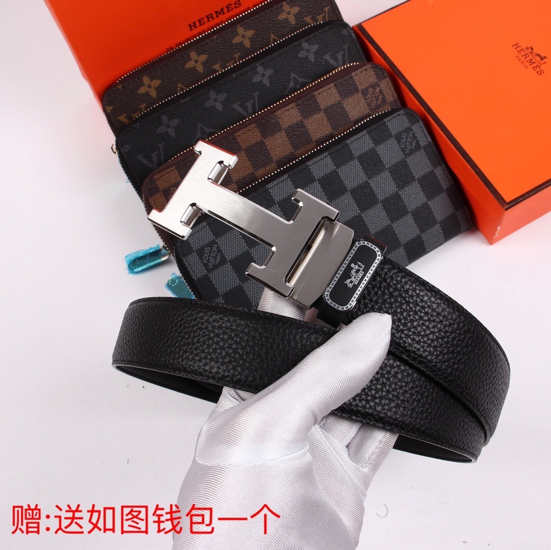 Luxury Men's Leather Belt with Silver H Buckle & Free Gift Wallet
