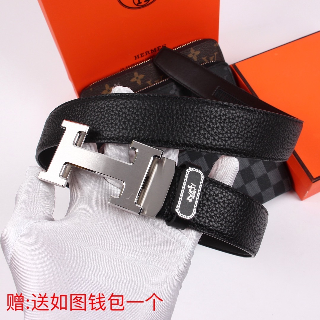 Luxury Men's Leather Belt with Silver H Buckle & Free Gift Wallet