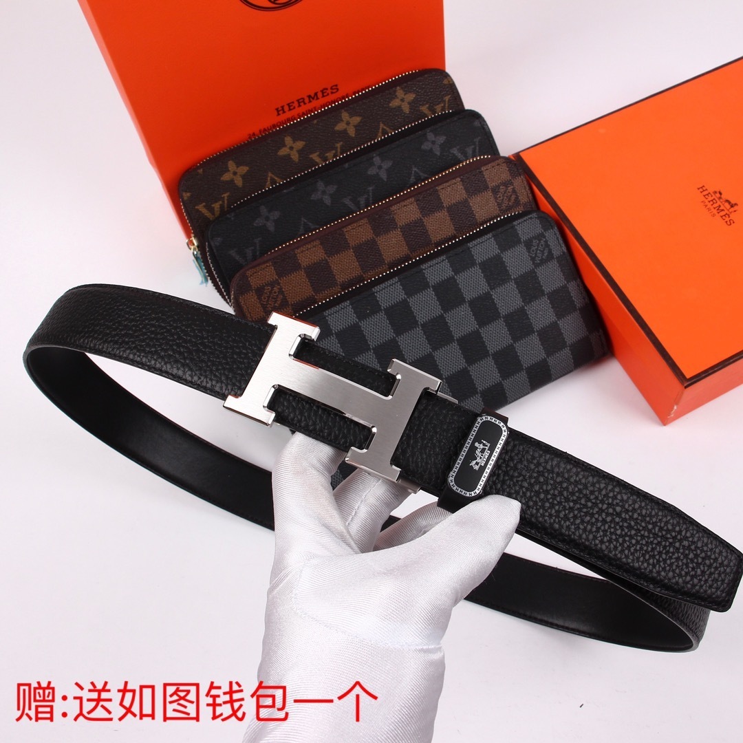 Luxury Men's Leather Belt with Silver H Buckle & Free Gift Wallet