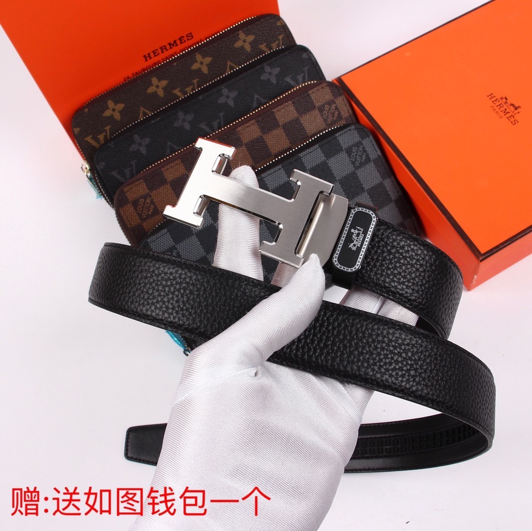 Luxury Men's Leather Belt with Silver H Buckle & Free Gift Wallet