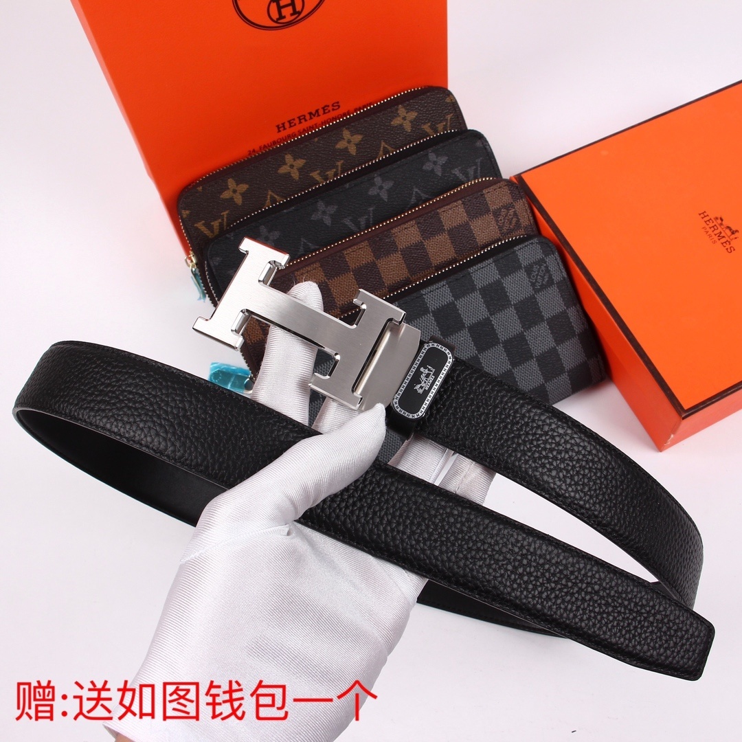 Luxury Men's Leather Belt with Silver H Buckle & Free Gift Wallet