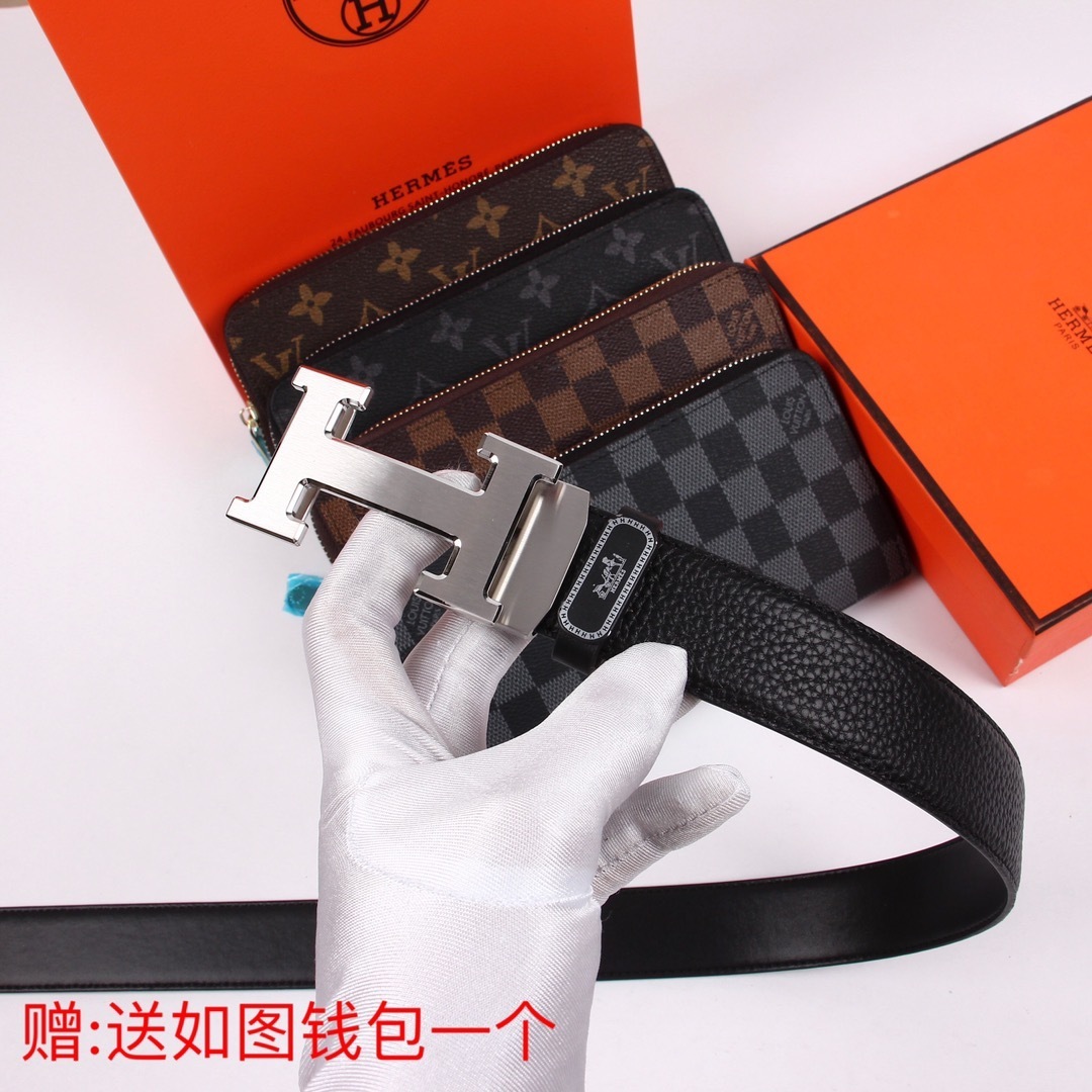 Luxury Men’s Leather Belt with Silver H Buckle & Free Gift Wallet