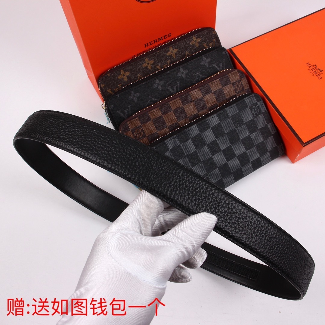 Premium H Leather Belt for Men with Free Designer Long Wallet
