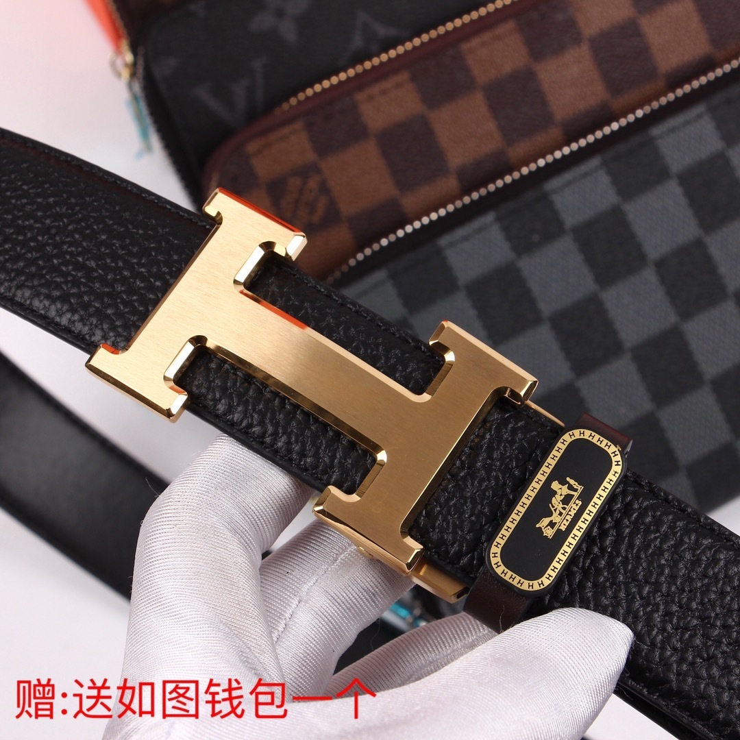 Premium H Leather Belt for Men with Free Designer Long Wallet